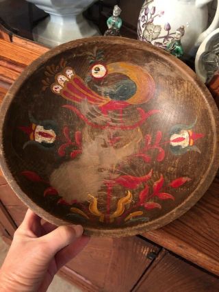 Antique Folk Art Country Primitive Turned Wooden Dough Bowl Hand Painted Signed