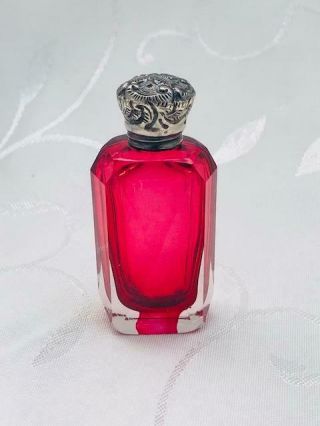 Antique Cranberry Glass Perfume Scent Bottle Silver Lid Circa 1900