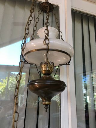 Vintage Hanging Swag Hurricane Style Lamp Milk Glass Switched Long Chain