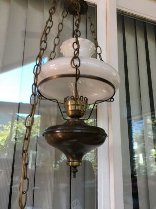 Vintage Hanging Swag Hurricane Style Lamp Milk Glass Switched Long Chain 2