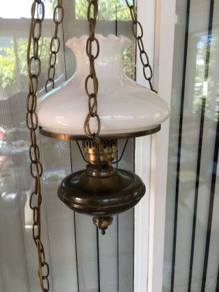Vintage Hanging Swag Hurricane Style Lamp Milk Glass Switched Long Chain 3