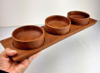 Vintage Mid Century Teak Danish Style Serving Tray 3 Bowls Dip Snacks Organizer