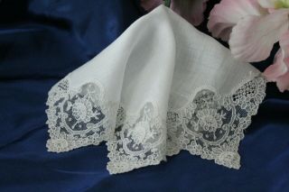 Vtg Antique Brussels Point De Gaze Lace Wedding Bridal White Handkerchief Exc 9f