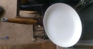 Vintage Brown White Enameled Cast Iron 12 Inch Skillet Fry Pan & Lid Wood Grip