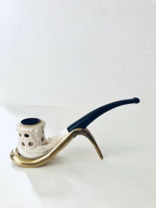 And Rare Vintage Hand Carved Block Meerschaum Pipe With Brass Stand