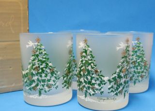 Georges Briard Double Old Fashioned Bar Glass Set Of 4 Christmas Trees Frosted