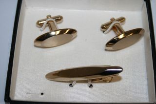 Classic Oval Vintage Golden Hickok High End Cuff Links & Tie Bar Set W/ Box Rare