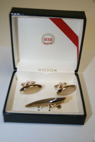 Classic Oval Vintage Golden HICKOK High End Cuff Links & Tie Bar Set w/ Box RARE 2