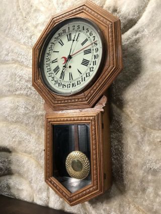 Vintage Antique Sessions Wall Calendar Clock With Oak Case And Brass Pendulum