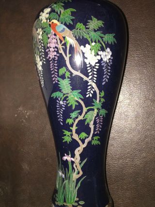 Antique Japanese Cloisonne Vase W Birds & Flowers Navy Blue