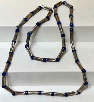 Vintage Faux Lapis Blue Glass Bead Necklace With Silver Spacers