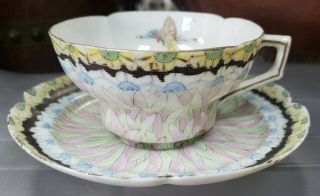 Early 20th Century Japanese Kutani Porcelain Butterfly/floral Teacup And Saucer