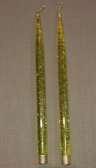 2 Vintage Acrylic Lucite Green With Gold Glitter Flakes Flameless Candles 12 "