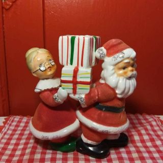 Vintage Ceramic Flocked Santa And Mrs Clause Candle Holder Tmj Rare Japan Gifts