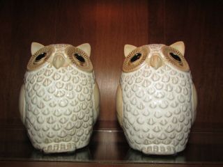Vintage Ceramic Owls Beiges - Home Decor Figurine Love Birds Hoot
