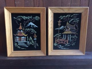 Mid Century Asian Silk Screen Prints With Oak Frames