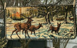 Vintage Deer Elk Rustic Velvet Velour Tapestry Log Cabin Decor Hunting 19 X 40