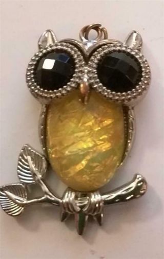 True Vintage Owl On Branch Pendant Big Faceted Eyes & " Stone " Belly Cute Details
