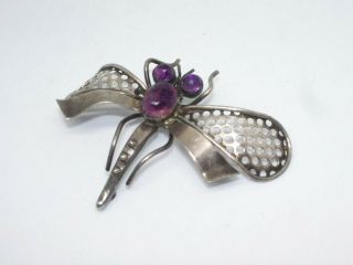 Mexican Vintage Signed J.  P.  Sterling Silver Amethyst Dome Dragon Fly Pin Brooch