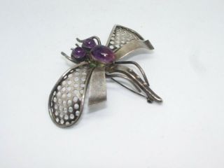 Mexican Vintage Signed J.  P.  Sterling Silver Amethyst Dome Dragon Fly Pin Brooch 2