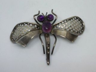 Mexican Vintage Signed J.  P.  Sterling Silver Amethyst Dome Dragon Fly Pin Brooch 3