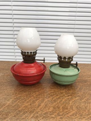 2 Vintage Pixie / Kelly / Oil Lamp With Milk Glass Shades
