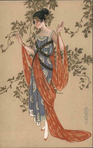 Lady In Grecian Dress,  Art Nouveau,  E.  Colombo Postcard Vintage Post Card