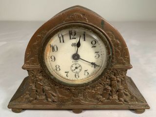 Vintage Antique Jennings Brothers Ornate Slant Front Brass Shelf Mantel Clock