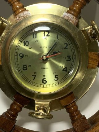Vtg 18” Nautical Ship ' s Time Brass Quartz Wall Clock Wood Wheel Large Dial EUC 2