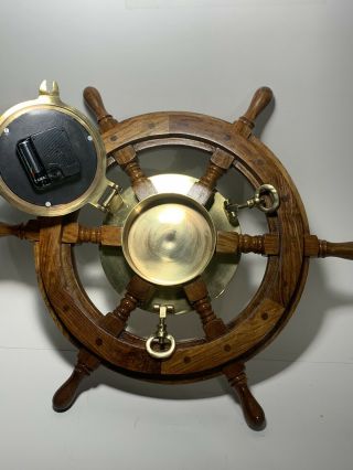 Vtg 18” Nautical Ship ' s Time Brass Quartz Wall Clock Wood Wheel Large Dial EUC 3
