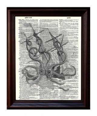 Kraken Attacking A Ship - Dictionary Art Print Printed On Authentic Vintage