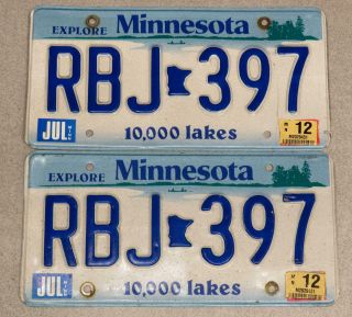 Minnesota License Plate Pair Rbj - 397,  Embossed,  July 2012,  Explore 10,  000 Lakes