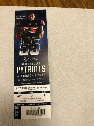 1 Houston Texans Vs England Patriots Ticket Stub 12/1/19