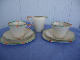 Vintage Art Deco Tea Set 2 Trios Milk Jug Ivory Ware Swinnertons Orange Green