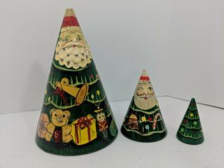 Christmas Tree Nesting Dolls Vintage Santa Hand Painted Russian 3 Piece