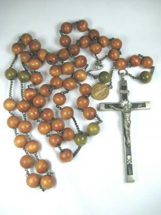 Large Wood Beads & Chain Link Rosary - Antique 4 3/4 " Crucifix - St.  Benedict Medal