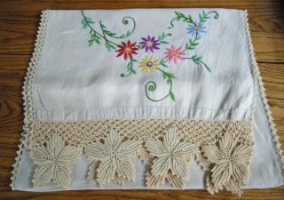 Vintage Dresser Scarf Table Runner Beige Linen W/ Embroidered Flowers 15 " X 58