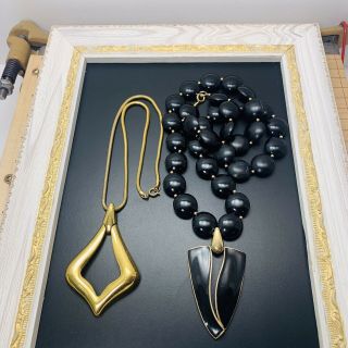 Vintage Crown Trifari Pendant Necklaces - Black Enamel & Gold - Tone - Modernist