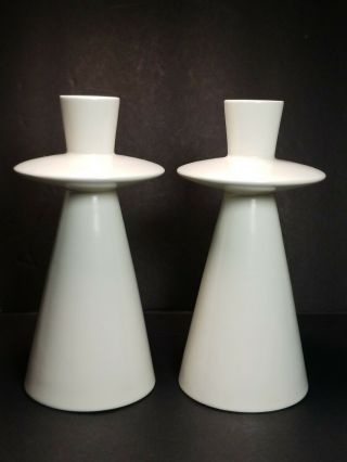 Vintage Pair Mid Century Modern Atomic White Ceramic Candle Holder Vase Mcm Ufo