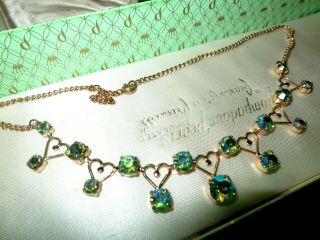 Fabulous Vintage Green Ab Rhinestone Love Heart Gold Tone Chain Necklace