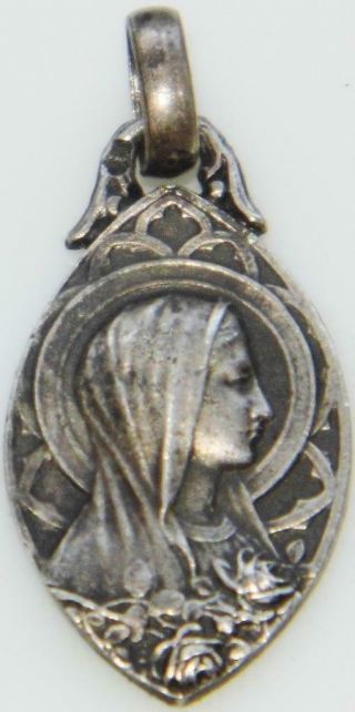 Antique Art Nouveau Sterling Silver Holy Medal Our Lady Blessed Virgin Mary Mark
