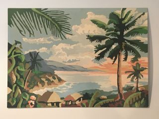 Vintage 14 X 10 Paint By Number Painting Hawaii Tiki Beach Palm Trees Pbn Mid - C