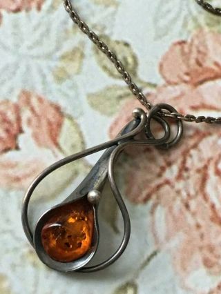 Vintage Costume Jewellery Silver Amber Necklace Art Nouveau Style Pendant