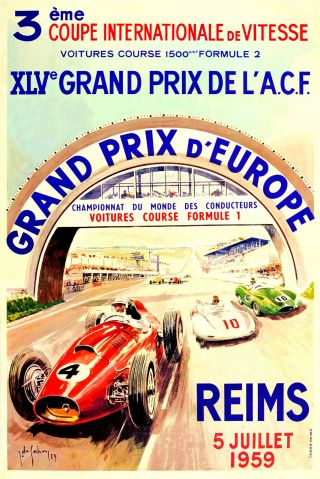 Vintage Motorsport Poster 1959 French Grand Prix Reims Formula 1 Retro 1950s