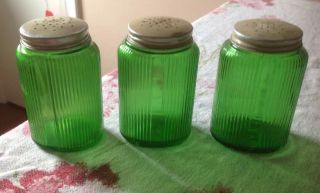 3 Vintage Owens Illinois Hoosier Oblong Green Glass Ribbed Shaker Lids