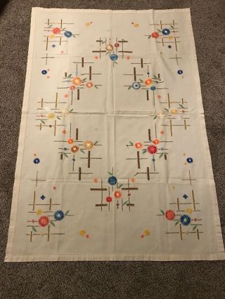 Vtg Mid Century Modern Atomic Starburst Flower Linen Tablecloth Hand Stitched