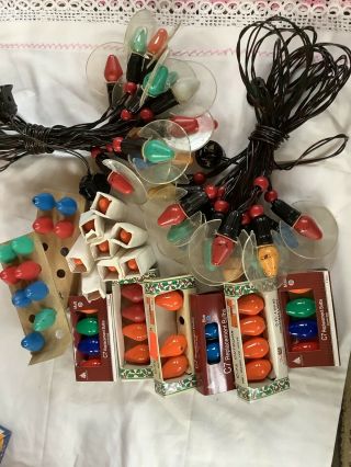 2 Strings Of Old Vintage C7 Christmas Lights With Halos - Extra Bulbs Halos 2