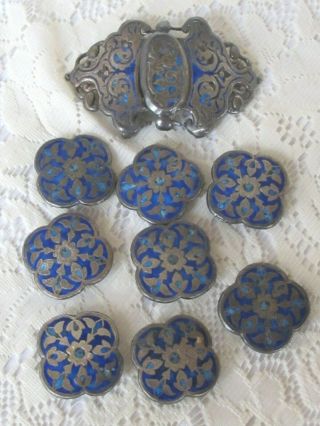 Estate Antique Edwardian Victorian Silver & Blue Enamel Button & Buckle Set H2