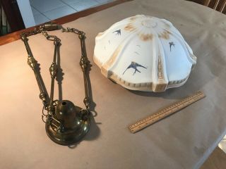 Antique Brass Ceiling Light Fixture With Hand - Painted 16 " Milk Glass Shade