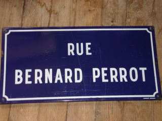 Vintage French Enamel Street Sign Rue Bernard Perrot Blue And White 60 X 30cms